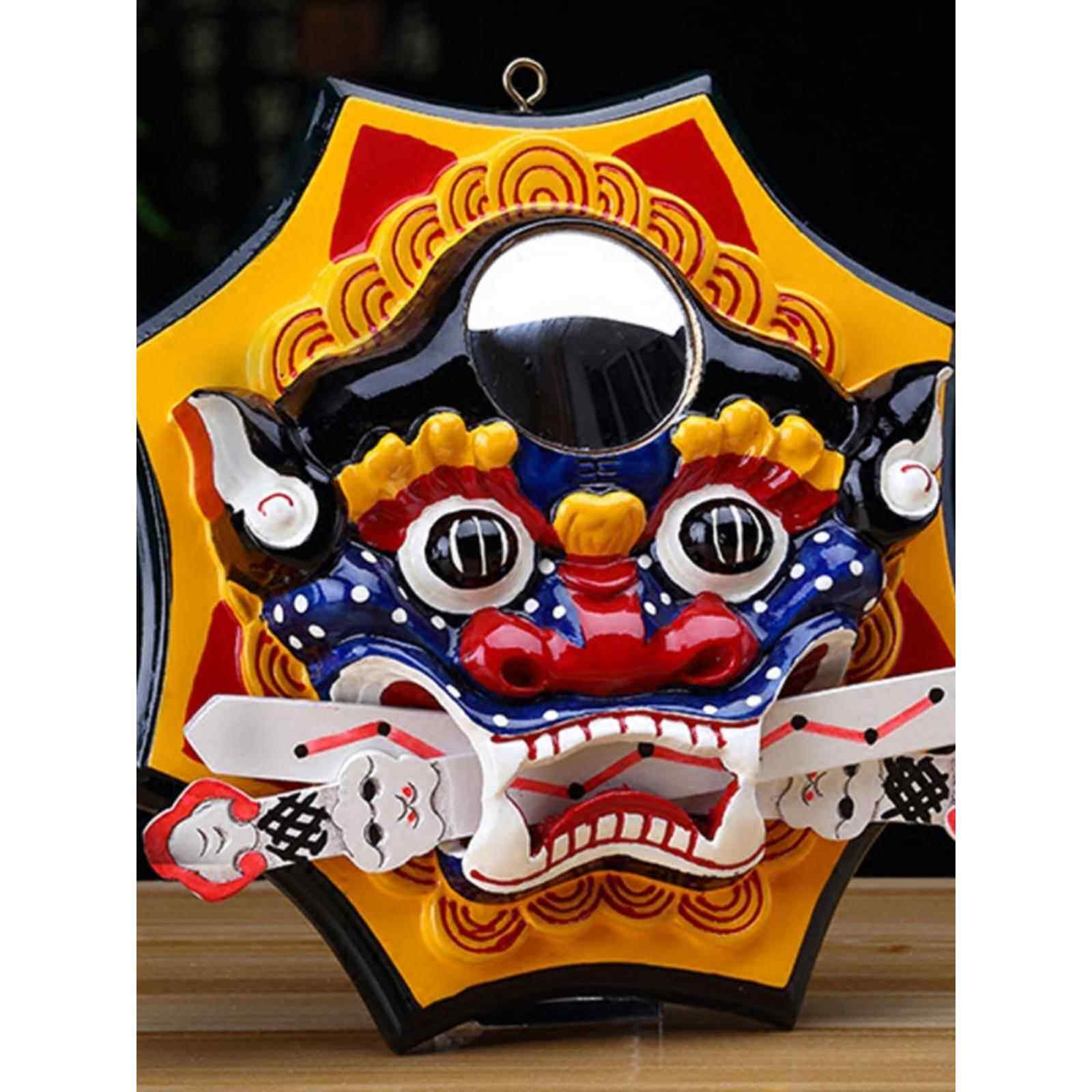 桃木狮咬剑牌兽头虎头凸八卦镜子睚眦阳台吞口兽尖角门对门饰挂件