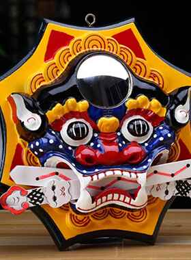 桃木狮咬剑牌兽头虎头凸八卦镜子睚眦阳台吞口兽尖角门对门饰挂件