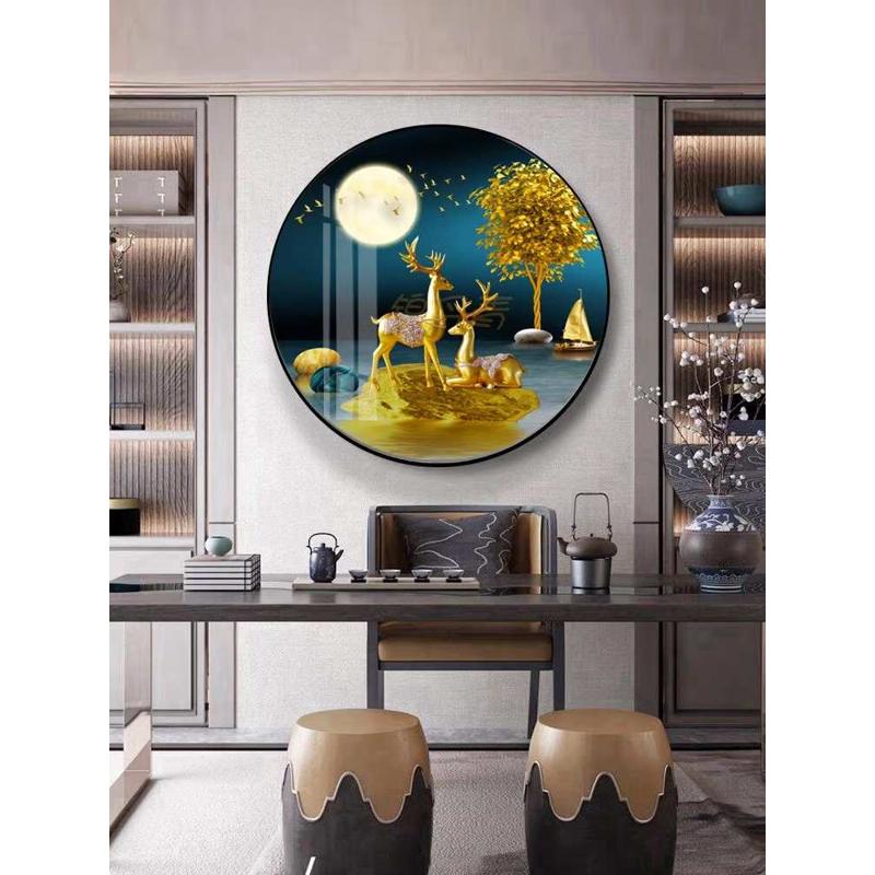 轻奢圆形走廊过道挂画入户玄关装饰画餐厅墙面壁画墙画招财福鹿鱼图片
