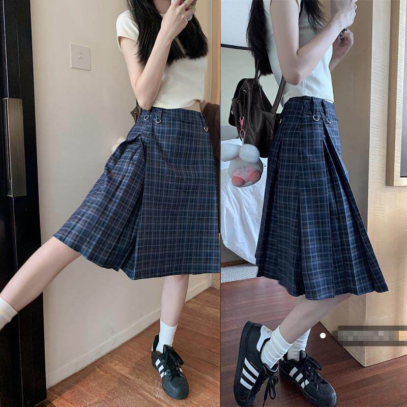美式格子高腰中长版百褶裙半身裙女大尺码显瘦日系学院风A字裙伞