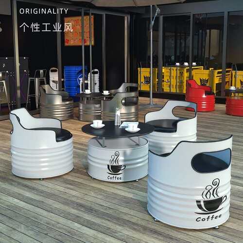 奶茶店酒吧清吧工业风桌椅组合网红店咖啡厅餐厅铁艺油桶卡座沙发