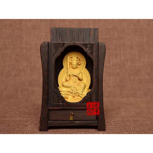 高档远峰阁文殊菩属兔守护神黄萨杨木随雕刻佛相像身携带佛龛佛盒