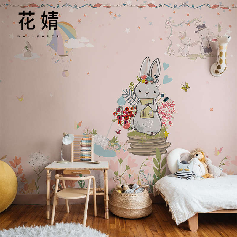 ins风兔子花园卡通墙纸儿童房墙布壁布卧室男孩女孩家用壁纸壁画