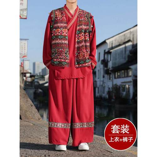 コーデュロイの潮牌苗族演出服改良大码套装民族服装三件套舞蹈服