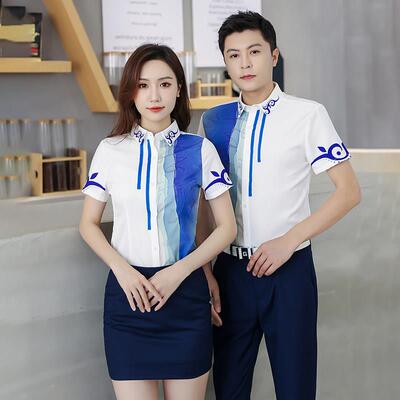 收银前台行销工作服男女同款印花衬衫楼面ktv少爷服服务员工衣