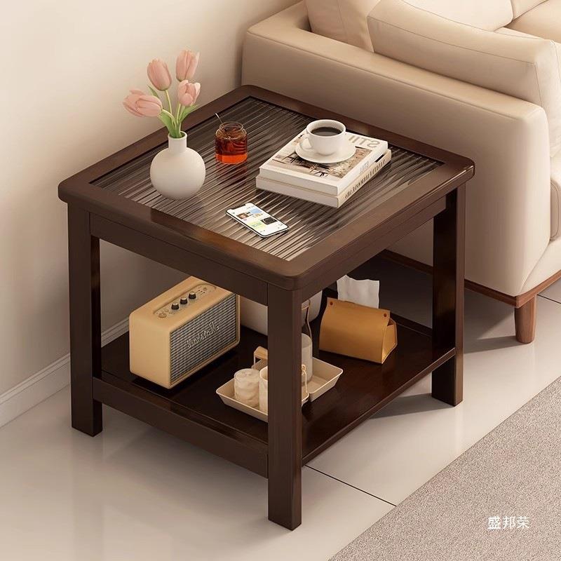 家用玻璃实木正方形客厅小茶几简约现代沙发边几小户型阳台小方桌
