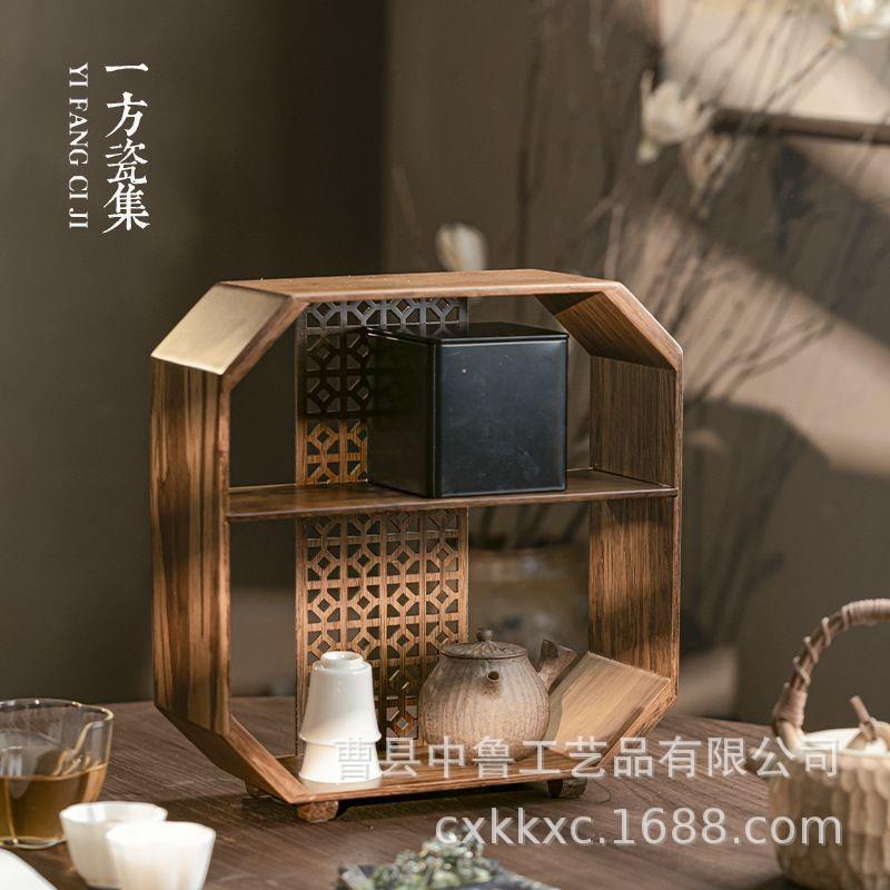 货新中式博古架复古现茶室茶具收纳层桌架面w114-2镂空装饰物架置