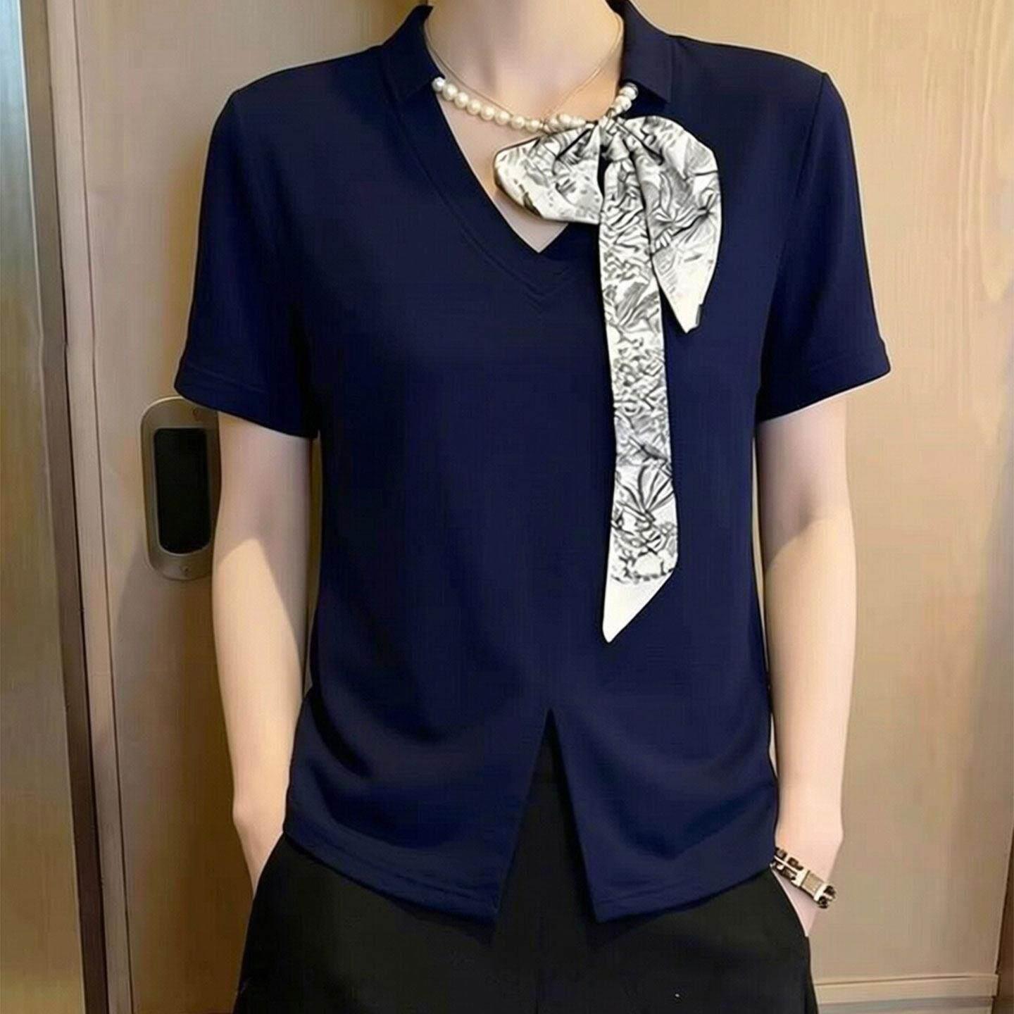 潮牌高级感V领短袖藏蓝色上衣女时尚新款减龄显瘦设计感小众上衣