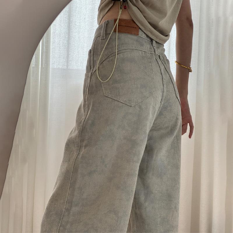 复古高腰阔腿牛仔裤女夏薄款2025新款扎染印花小众设计拖地直筒裤