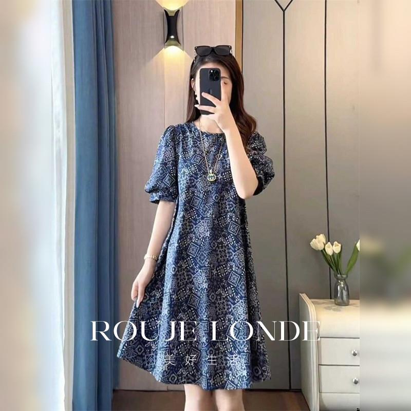 ROUJE LONDE泡泡袖碎花连衣裙复古短袖女夏季高级感简约遮肉A字裙