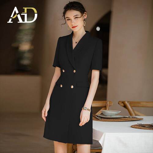 AD黑色上班族连衣裙女短袖西装裙双排扣正式场合主持人演讲正装夏