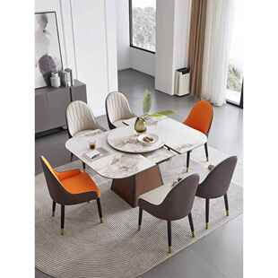 北欧岩板餐桌电磁炉一体家用实木可伸缩带转盘小户型折叠正方形枱