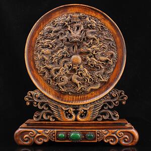 清代古典黄杨木屏风浮雕龙纹镶宝石插屏摆件老物件旧货文玩收藏