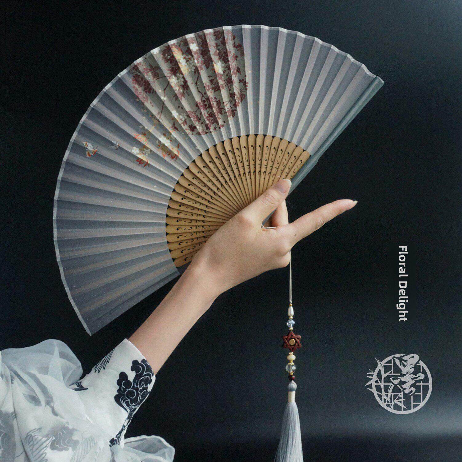 莫玉阁“花”原装古色古香民族风烫金灰折扇星流苏扇吊坠马面裙旗