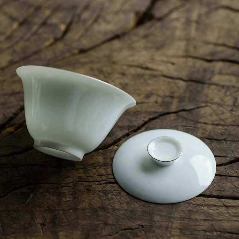 宜室茶话影青二才盖碗泡茶碗家用小号单个盖碗茶杯描银边功夫茶具