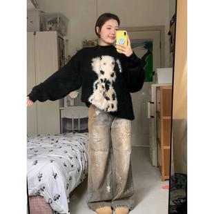 宽松加厚慵懒风软糯套头上衣 毛茸茸斑点狗黑色毛衣女秋冬2024新款