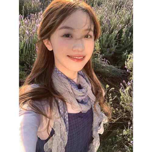 藤井树同款古早灰蓝色波点蕾丝边丝巾木耳边长款围脖拍照薄款围巾