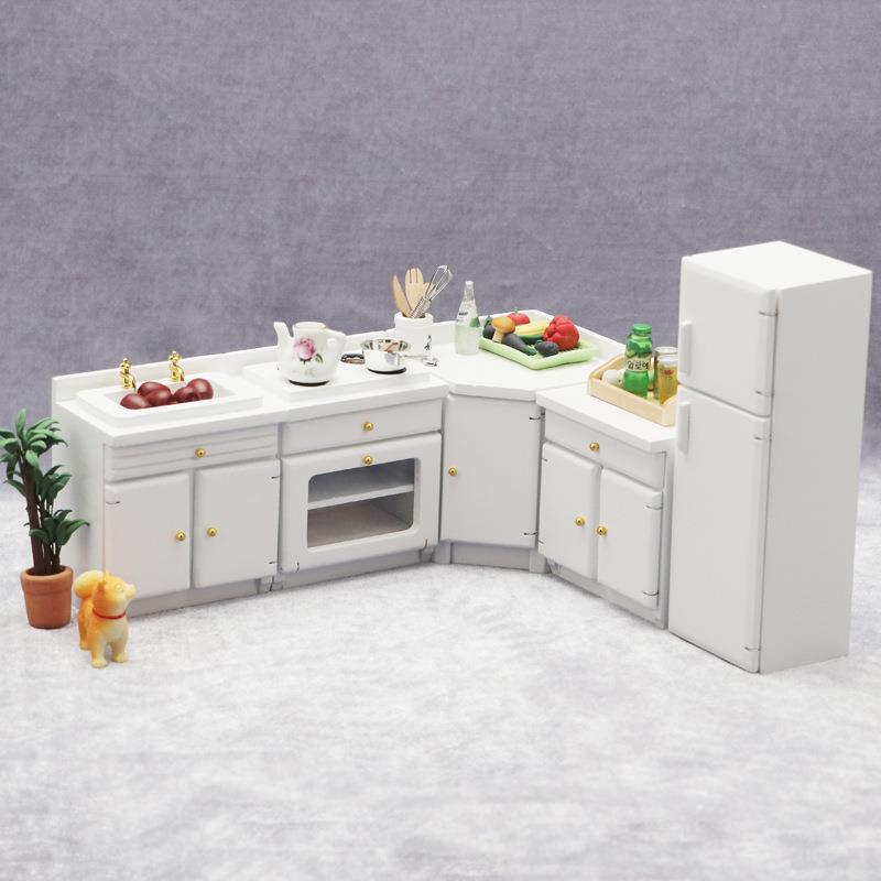 1:12娃娃屋dollhouse迷你家具微场景白色厨房橱柜家具四件套