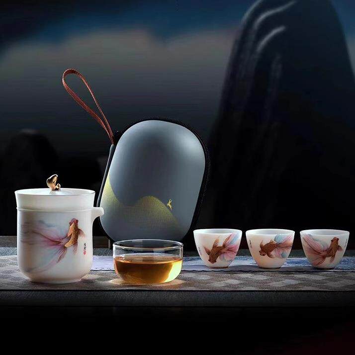 黄旭东大师冰种玉瓷旅行茶具便携快客杯泡茶壶营户外装露茶具套装