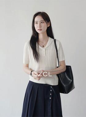 EZCL 夏季韩系灰色Polo领针织短袖女夏季纽扣休闲上衣针织衫小衫