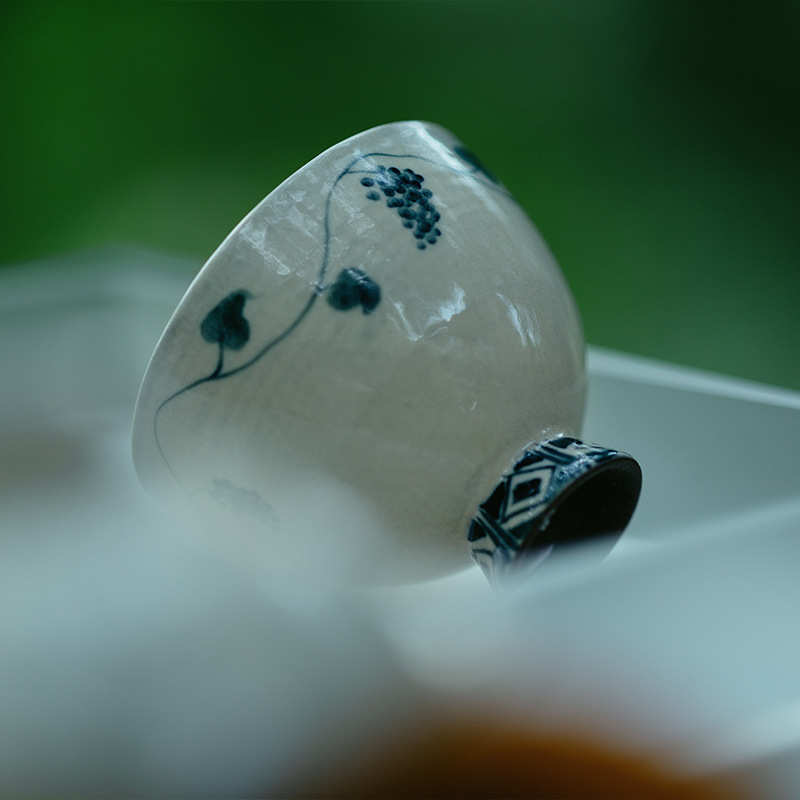 梵汝景德镇青悠高足主人杯纯手绘葡萄枝盖碗茶杯功夫茶小杯品茗杯