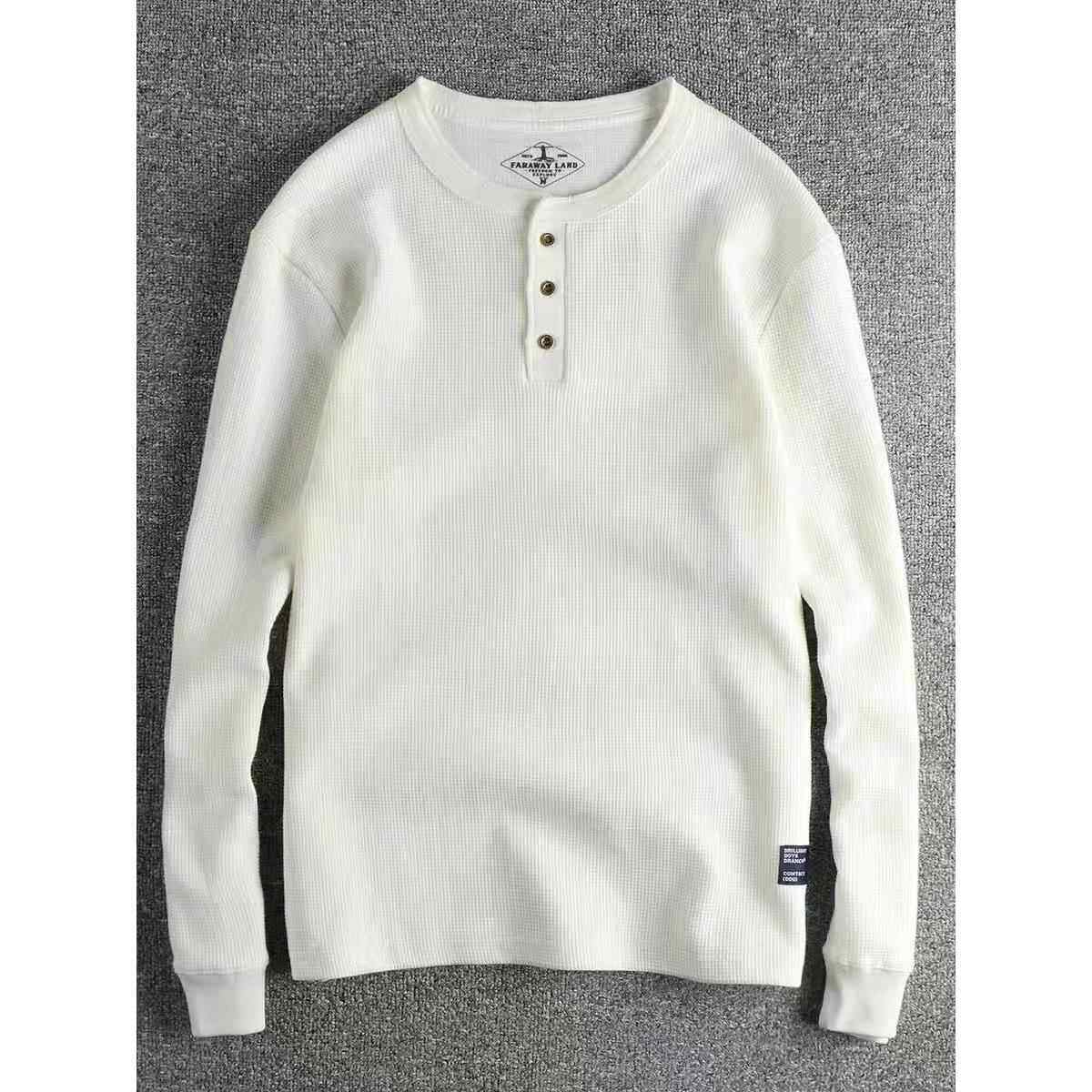 代购香港潮男春秋美式华夫格面料亨利领长袖T恤男休闲套头打底衫