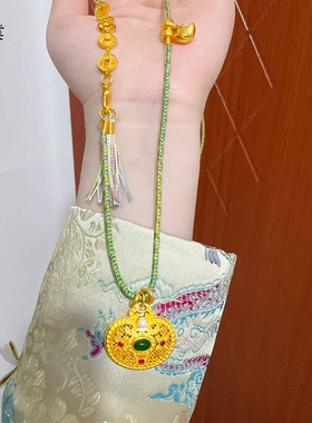 金枝玉叶绿色中式编绳项链花拂柳锁包吊坠流苏项链毛衣链女配饰