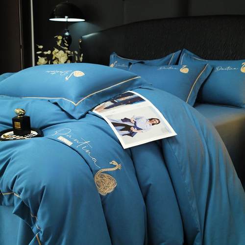 轻奢云朵水洗棉刺绣四件套AB双版拼色被套床单床笠床上用品3件套.