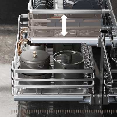 8E7Q批发拉篮厨房橱柜双层调味碗碟碗蓝304不锈钢轨道收纳碗架抽