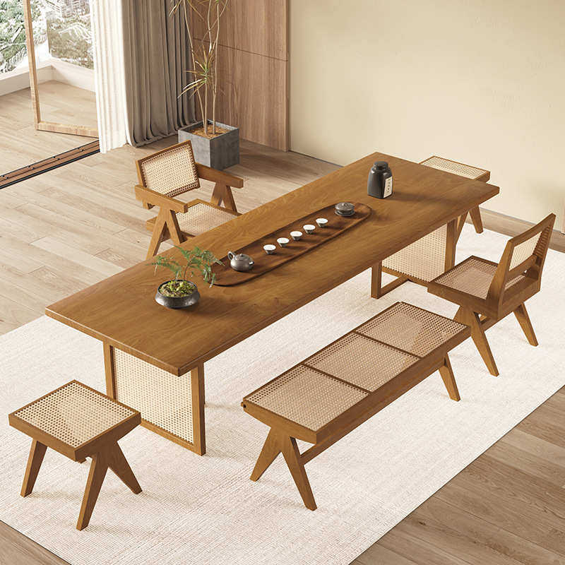 侘寂风实木茶桌轻奢民宿藤编泡茶桌椅组合办公室多人接待茶桌茶台