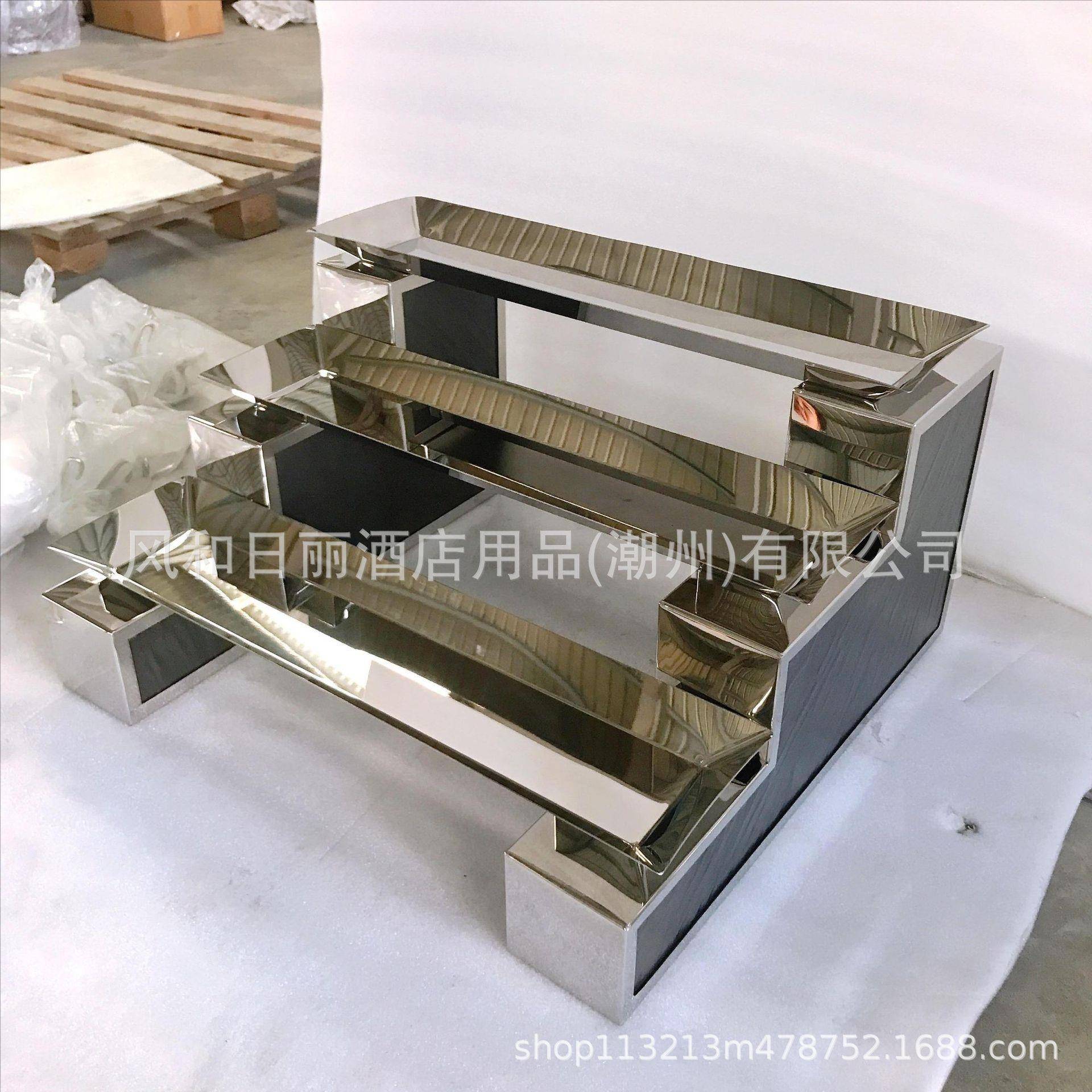不锈钢包边阶梯形三层瓷片座点心架实物展示台配套镜面/锤点方盘