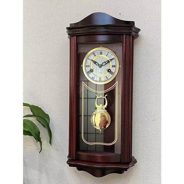 实木机械挂钟新中式整点报时上链发条挂钟打响老式欧式钟表美式