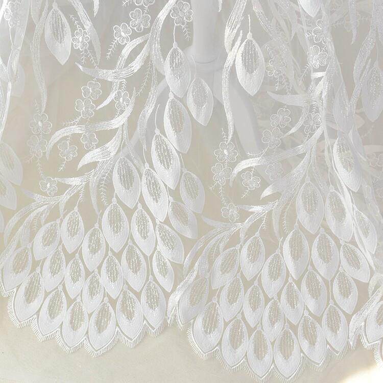 孔雀羽毛睫毛亮片刺绣蕾丝面料高端高档婚纱礼服装饰网纱布料本白