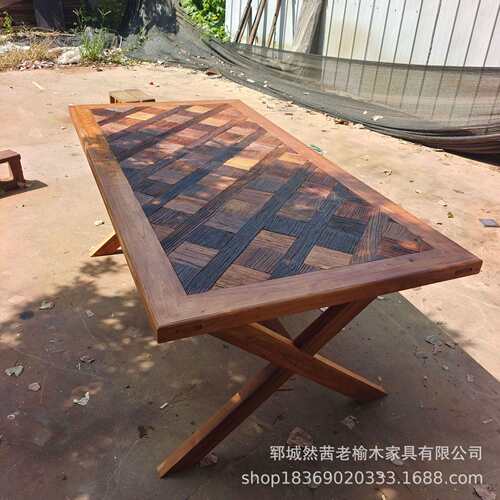 复古老榆木拼花餐桌家居长方形多人位茶桌实木门板饭桌方形八仙桌