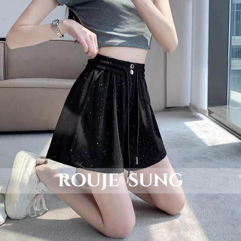 ROUJE SUNG~大码黑色薄款亮片短裤女夏季新款高腰显瘦休闲阔腿裤