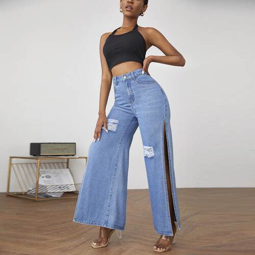 Traceable denim jeans with split holes for women
