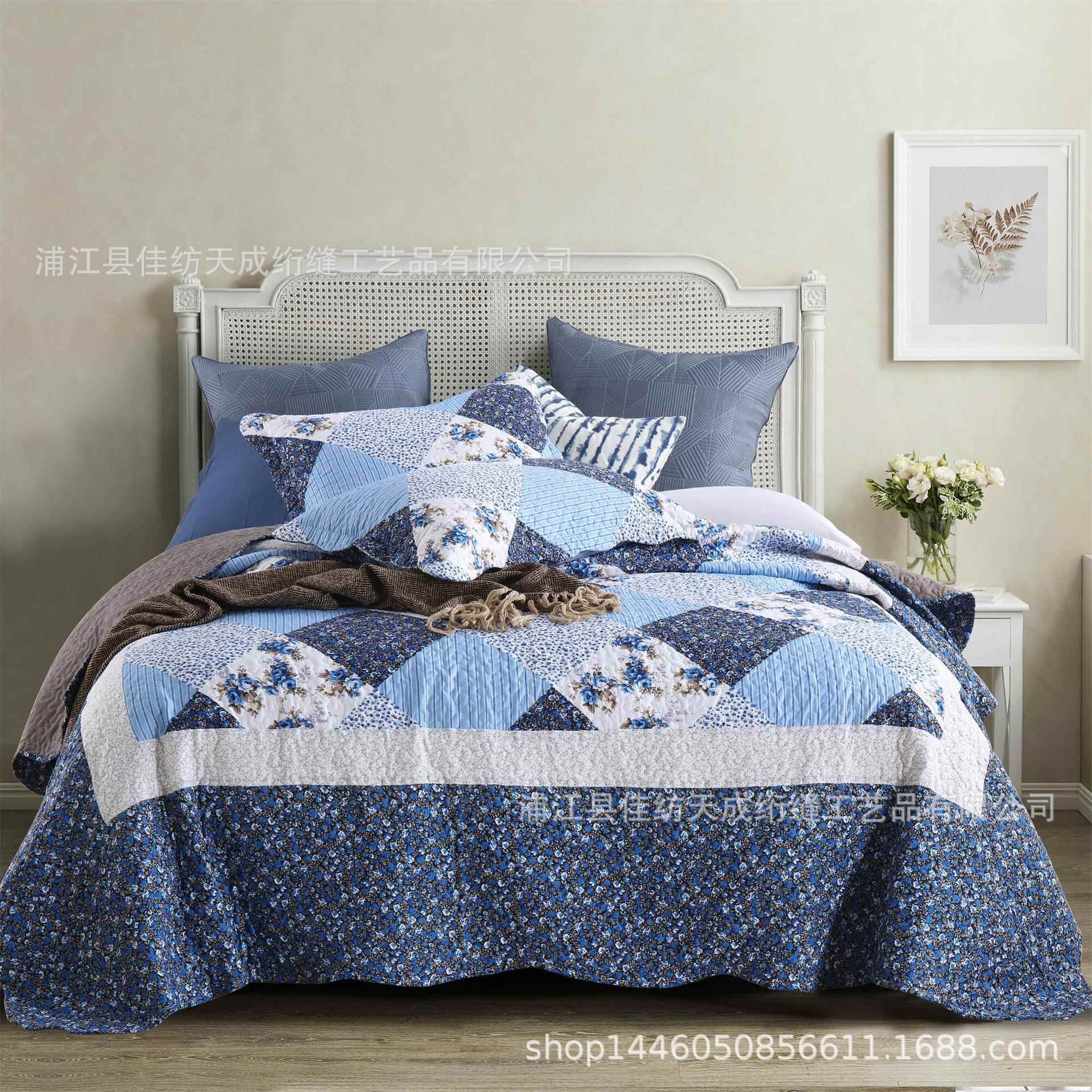 原单出口欧美风格活性磨毛涤棉仿拼块绗缝被床盖热卖款三件套