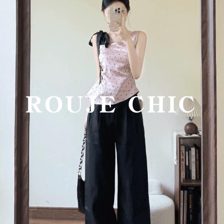 法国rouje chic粉色波点蝴蝶结斜肩吊带背心女夏季不规则修身上衣