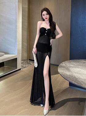 性感夜店女装洗浴桑拿技师工作服长款薄纱长裙低胸公关佳丽晚礼服