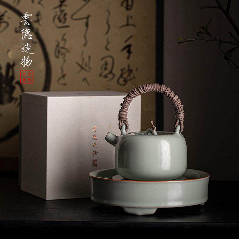 天青汝窑茶壶小号提梁壶藤编开片汝瓷小壶中式泡茶壶冰裂釉复古