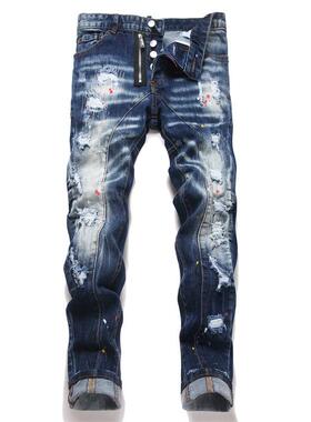 Men's small leg jeans, blue distressed patch, painted mid
