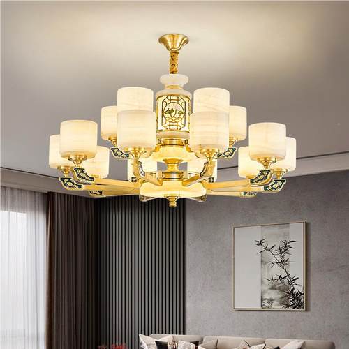 全铜天0然玉石吊新中式客厅灯224年新自542建房餐厅卧室豪华款灯