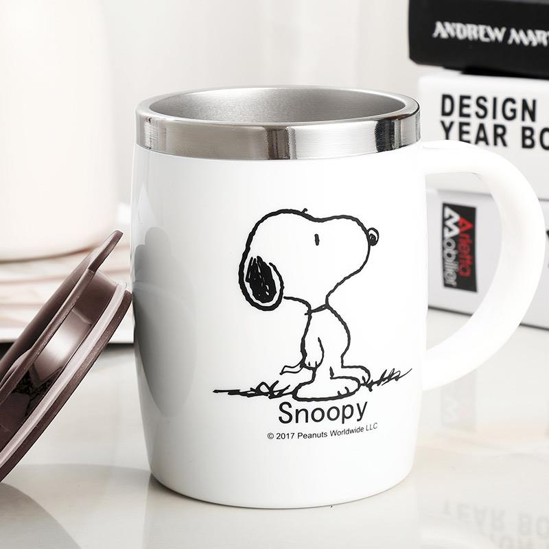 史努比水杯304不锈钢茶杯带盖子勺手柄办公室马克杯耐摔家用咖啡
