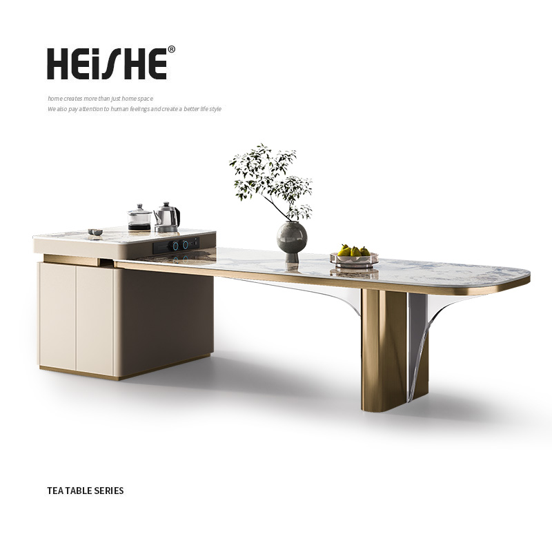 黑奢岩板岛台餐桌茶桌一体两用办公室茶桌椅组合现代高级感泡茶台