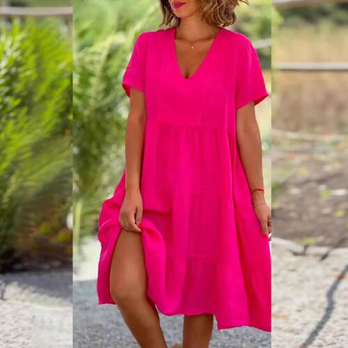 Women'S Short Sleeve V Neck Midi Dress 2026 Spring Flowy