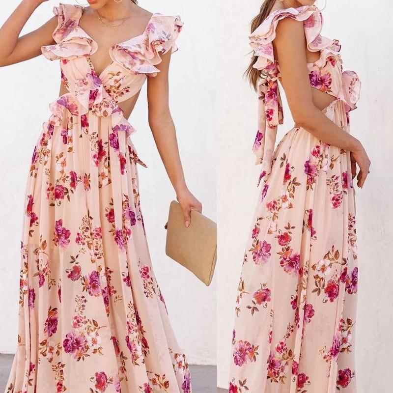 New womens flower strapless stitching backless summer maxi
