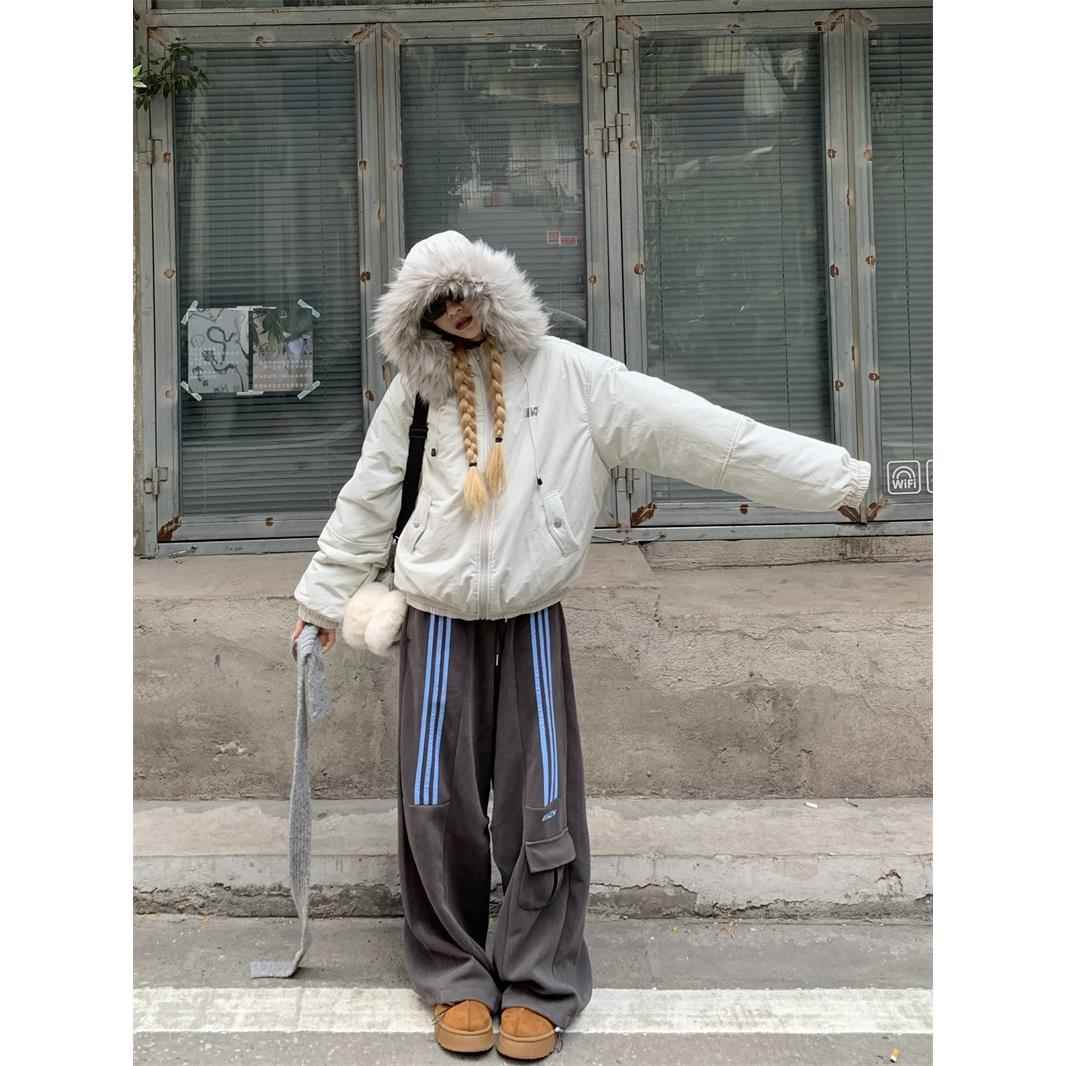 195大喜 美式毛领连帽棉服外套女冬季爆款设计感加厚派克服棉衣潮