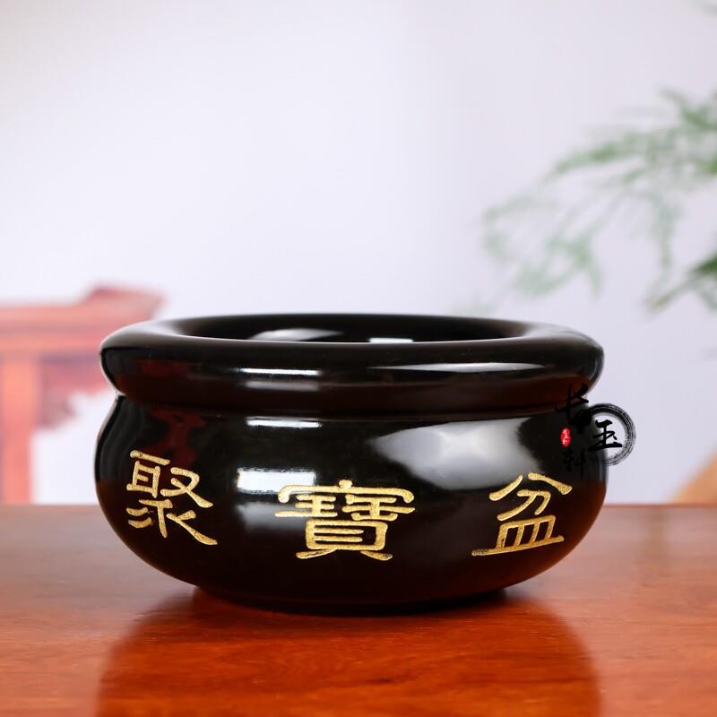 天然黑曜石聚宝盆黑墨玉聚宝盆风水招财摆件客厅玄关财位装饰摆饰