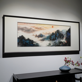 新中式山客厅沙发背景墙横版纯手工刺绣画装饰画高端苏绣成品挂画