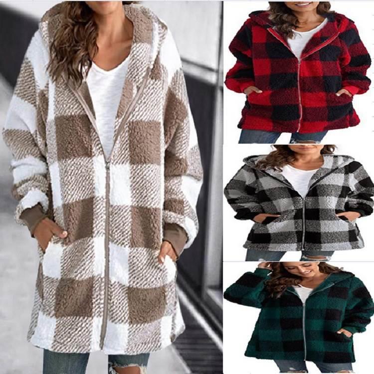 Plush women's jacket Long sleeved plaid hooded zipper wi